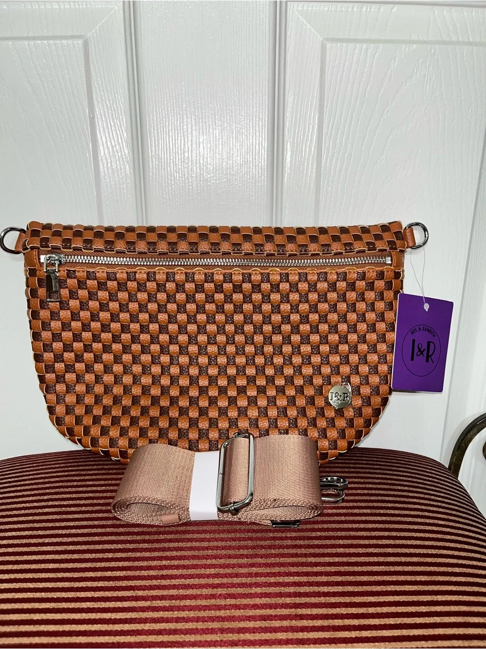 Iris & Rainbow Brown/Rust Day In Tessellate Woven Faux Leather Crossbody Bag